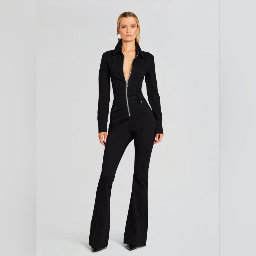 Nwt Ser.O.Ya Deedee Denim Flare Jumpsuit In Black Size Small
